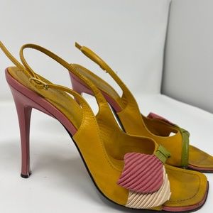 Vintage Casadei Flower Shoes: Rose/Pink, Green, and Gold Size 8 w/4.5" Heel